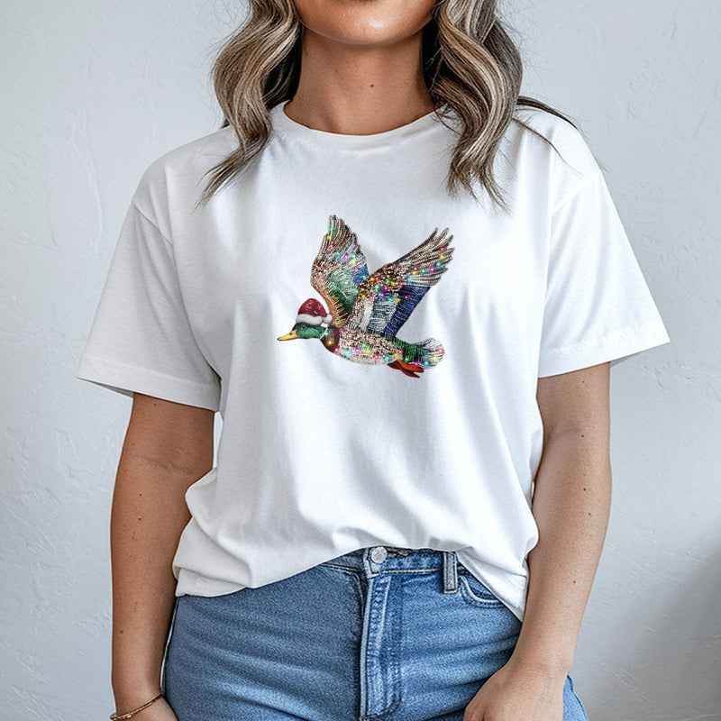 Faux Rhinestone Bird Graphic Tee, Mallard Duck Christmas Shirt, Holiday Mallard Duck T-Shirt, Duck Hunting Bird Lover Graphic Tee
