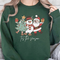 Retro Santa Snowman Tree Holiday Crewneck, Tis the Season Christmas Sweatshirt, Vintage Christmas Sweater, Family Xmas Sweatshirt