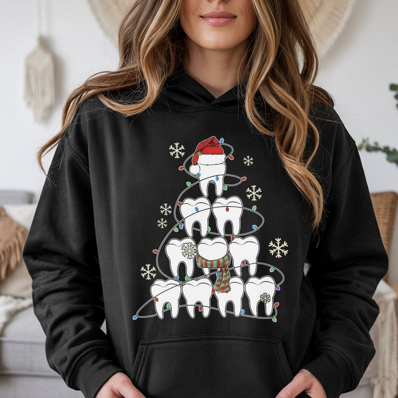 Adorable Tooth Dental Hygienist Hoodie, Dentist Christmas Tree Hoodie, Humorous Dental Assistant Holiday Hooded Sweatshirt, Xmas Pullover Hoodie