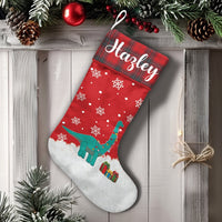Plaid Cuff Holiday Dino Stocking, Personalized T-Rex Dinosaur Christmas Stocking, Custom Name Kids Xmas Stocking, Festive Family Room Decor