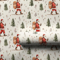 Winter Forest Christmas Gift Wrap, Hiking Santa Wrapping Paper, Watercolor Backpacking Santa Present Paper