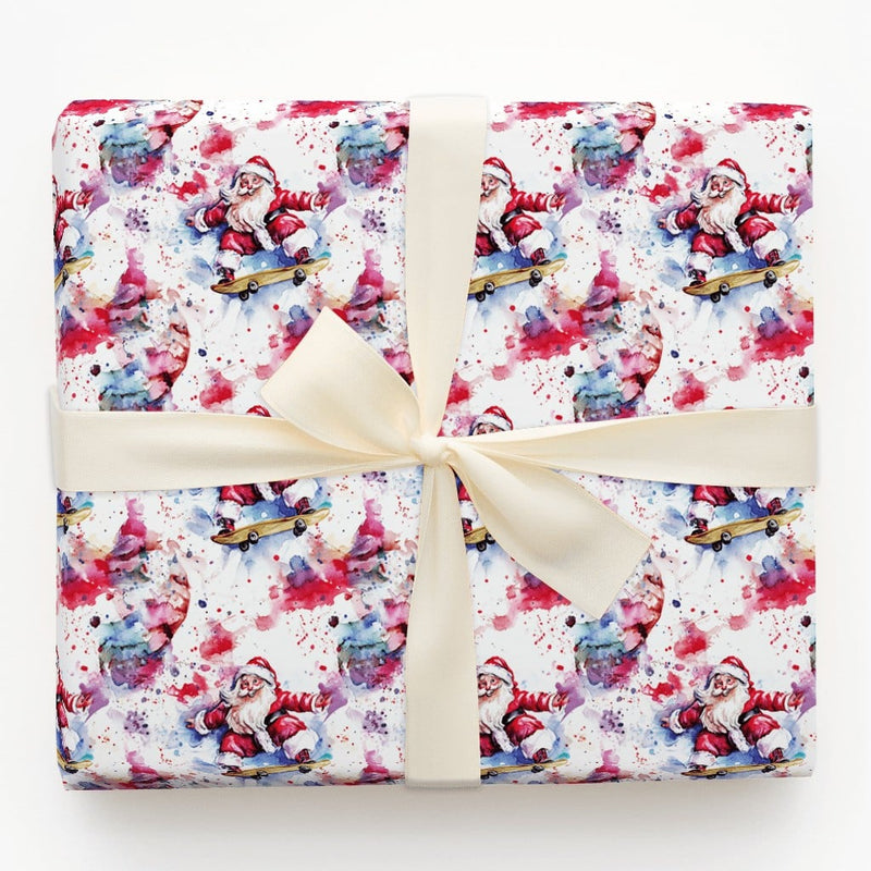 Watercolor Skater Santa Gift Wrap, Splatter Skateboarding Santa Wrapping Paper, Fun Christmas Present Wrap, Artistic Holiday Paper Roll