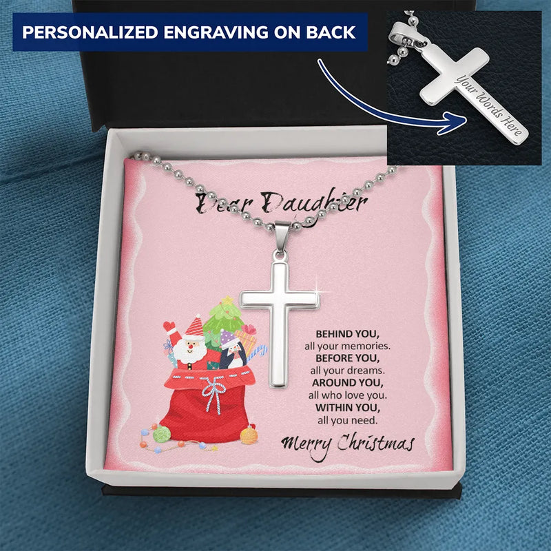 Custom Engraved Stainless Steel Cross Pendant Necklace, Personalized Cross Necklace for Daughter, Religious Faith Christmas Present