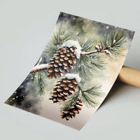 Watercolor Snowy Pine Branch Poster, Winter Pinecone Wall Art, Rustic Holiday Botanical Print, Christmas Evergreen Home Decor
