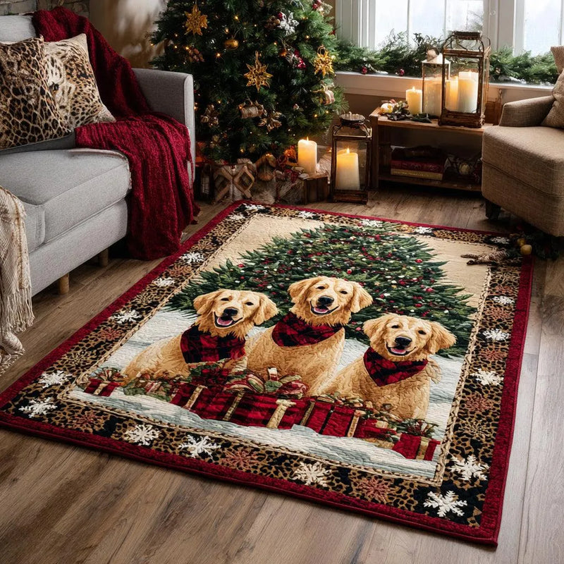 Trio Dog Leopard Border Rug, Golden Retriever Christmas Area Rug, Non-Slip Washable Holiday Carpet, Dog Lover Xmas Decor Present