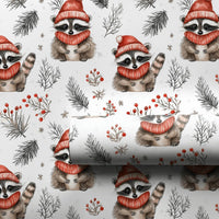 Red Scarf Hat Animal Gift Wrap, Winter Raccoon Wrapping Paper, Watercolor Christmas Wrapping Paper, Woodland Holiday Gift Wrap, Adorable Paper