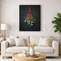 Red Ribbon Christmas Canvas Print, Hanging Mistletoe Canvas Wall Art, Holiday Botanical Wall Decor, Winter Floral Canvas, Festive Xmas Present