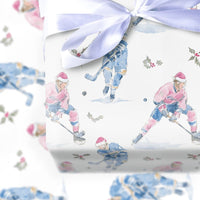Watercolor Sports Christmas Gift Wrap, Hockey Player Santa Hat Wrapping Paper, Ice Hockey Wrapping Paper Roll, Festive Sports Present Wrap