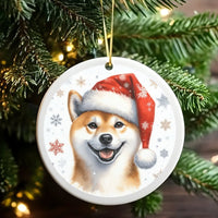 Santa Hat Dog Ceramic Ornament, Smiling Shiba Inu Christmas Ornament, Adorable Puppy Tree Ornament, Holiday Pet Keepsake, Present for Shiba Owners
