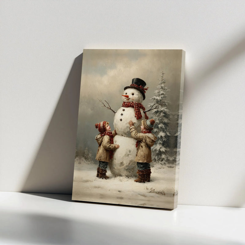 Children Building Snowman Canvas Print, Vintage Christmas Canvas Wall Art, Retro Holiday Snowman Canvas, Winter Wall Decor Christmas Present