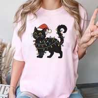 Kitty Tangled in Holiday Lights T-Shirt, Black Cat Christmas Shirt, Adorable Xmas Cat Shirt, Festive Kitten Graphic Tee, Cat Lover Winter Present