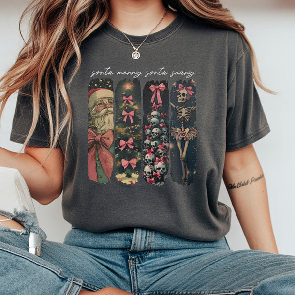 Retro Spooky Holiday Shirt, Sorta Merry Sorta Scary Christmas T-Shirt, Halloween Christmas Graphic Tee, Festive Creepy T-Shir