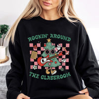 Christmas Tree Guitar Teacher Sweatshirt, Rockin Around the Classroom Sweatshirt, Retro School Holiday Sweater, Humorous Teacher Crewneck
