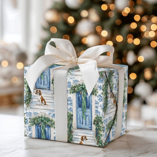 Blue Chinoiserie Toile Gift Wrap, Cavalier King Charles Spaniel Wrapping Paper, Dog Christmas Wrapping Paper, Holiday Pet Gif