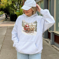 Nostalgic Christmas Winter Scene Sweatshirt, Vintage Santa Sleigh Hoodie, Retro Holiday Hooded Sweater, Comfy Unisex Xmas Pullover Present