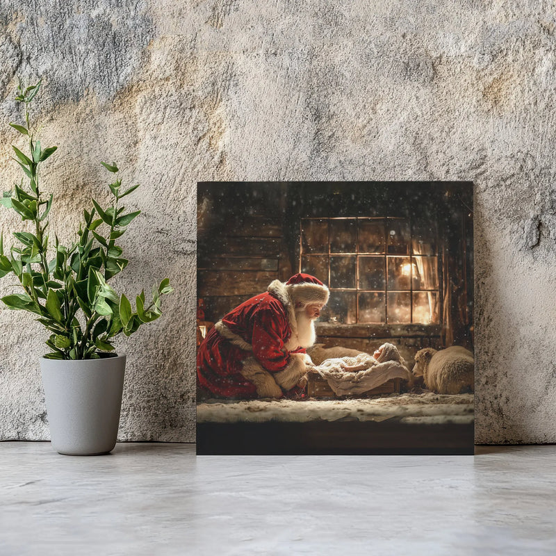 Religious Christmas Square Canvas, Santa Kneeling at Manger Canvas Art, Christian Nativity Wall Art, Christmas Nativity Print Canvas Decor