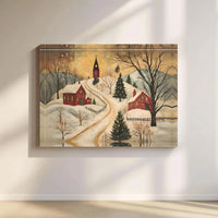 Snowy Church Christmas Canvas Print, Winter Christmas Village Canvas Wall Art, Folk Art Christmas Wall Art, Digital Download Holiday Print