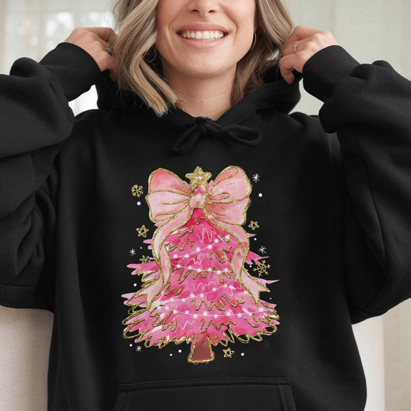 Coquette Bow Aesthetic Holiday Sweatshirt, Pink Christmas Tree Hoodie, Adorable Xmas Tree Graphic Hoodie, Trendy Winter Holiday Hoodie Present