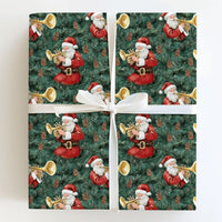 Musical Pine Christmas Gift Wrap, Santa Playing Trumpet Wrapping Paper, Dark Green Santa Wrapping Paper, Festive Holiday Gift Wrapping Paper