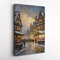 European Village Canvas Art, Snowy Christmas Market Wall Art, Winter Street Scene Digital Download, Festive Holiday Printable Art Print