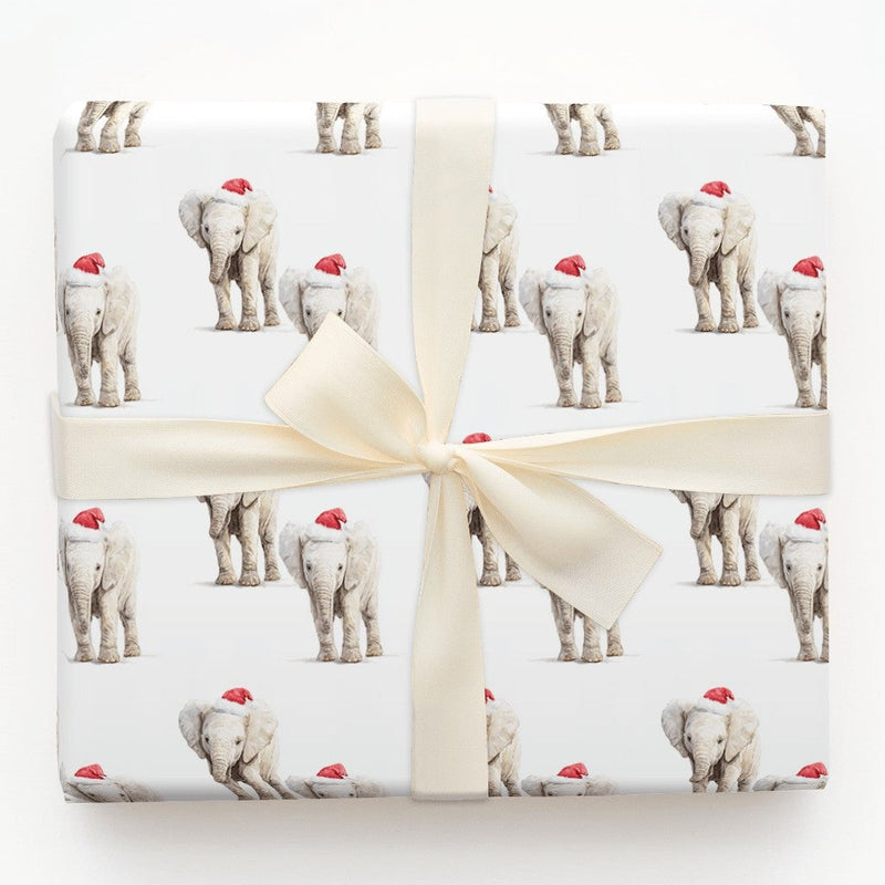 Santa Hat Wrapping Paper, Baby Elephant Christmas Wrapping Paper, Adorable Animal Holiday Gift Wrap, Festive Winter Elephant Wrapping Paper