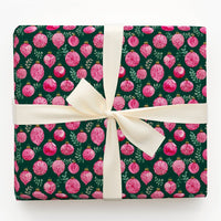 Watercolor Greenery Gift Wrap, Pink Ornament Christmas Wrapping Paper, Dark Green Holiday Wrapping Paper, Elegant Winter Bauble Gift Wrap