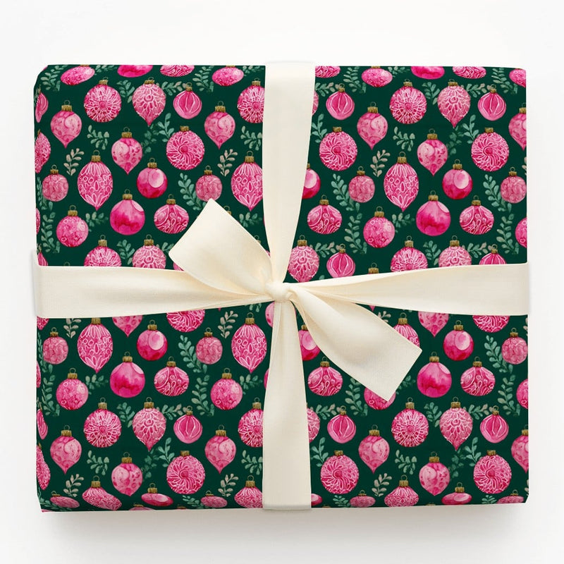 Watercolor Greenery Gift Wrap, Pink Ornament Christmas Wrapping Paper, Dark Green Holiday Wrapping Paper, Elegant Winter Bauble Gift Wrap