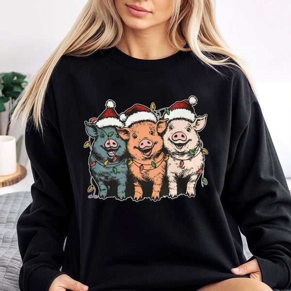 Humorous Farm Animal Lights Sweater, Christmas Pig Sweatshirt, Adorable Pig Lover Xmas Crewneck, Farmhouse Holiday Pullover, 
