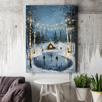 Snowy Cabin Christmas Canvas Print, Winter Ice Skating Canvas Wall Art, Comfy Holiday Wall Decor, Winter Scene Canvas Wall Art