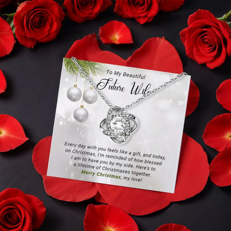 Sparkling CZ Crystal Pendant, Future Wife Love Knot Necklace, White Gold Finish Jewelry, Romantic Christmas Engagement Present for Her