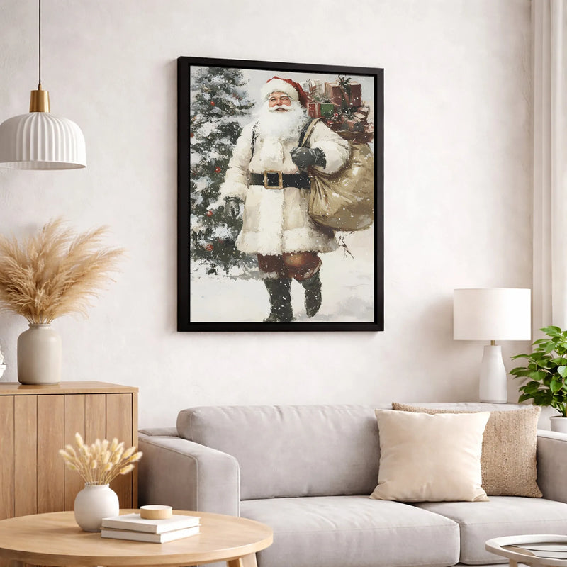 Classic Christmas Tree Painting Print, Vintage Santa Claus Canvas Art, Nostalgic Santa Canvas Wall Art, Retro Holiday Wall Decor Canvas