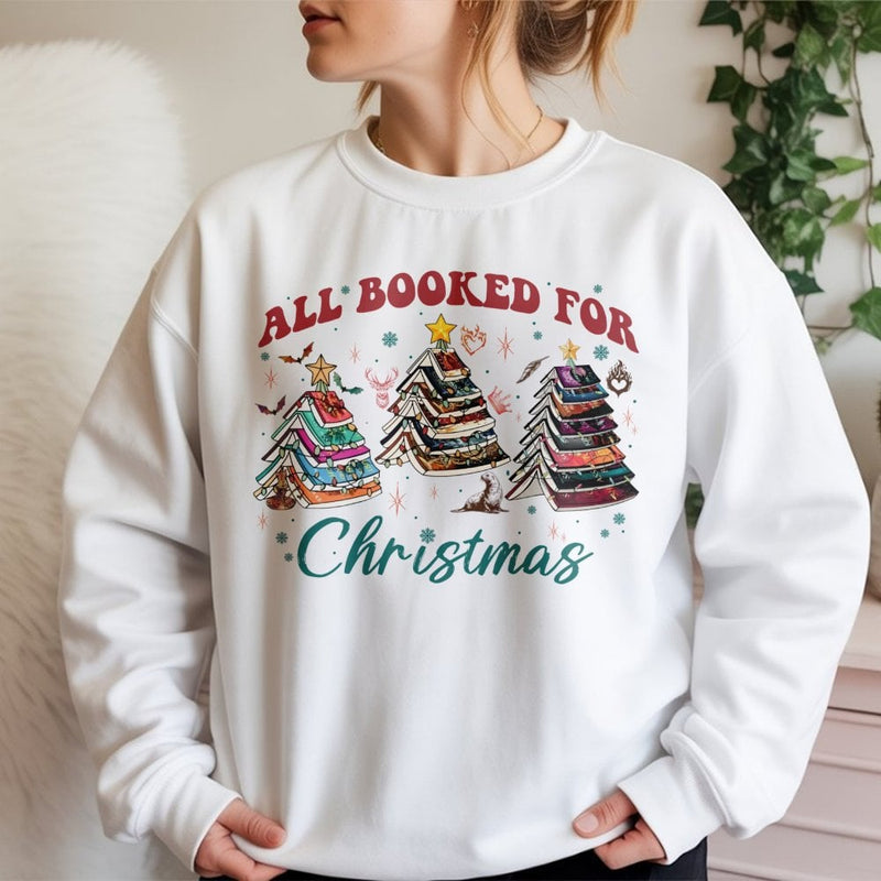 Book Lover Christmas Tree Sweatshirt, All Booked for Christmas Sweatshirt, Adorable Bookish Holiday Sweatshirt, Comfy Reader Xmas Crewneck