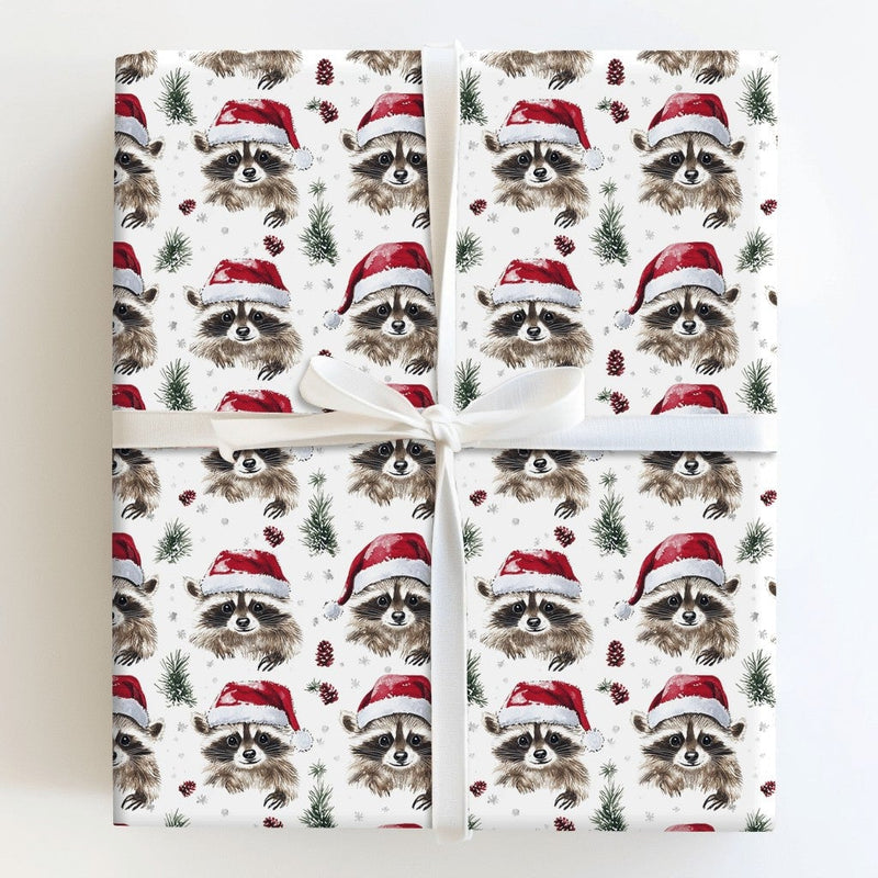 Santa Hat Animal Gift Wrap, Christmas Raccoon Wrapping Paper, Woodland Watercolor Wrapping Paper, Pinecone Holiday Gift Wrap Paper