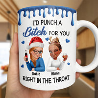Humorous Cartoon Besties Holiday Ceramic Mug, Punch a Bitch for You Christmas Mug, Custom BFF Coffee Cup, Soul Sister Xmas Present Coffee Mug