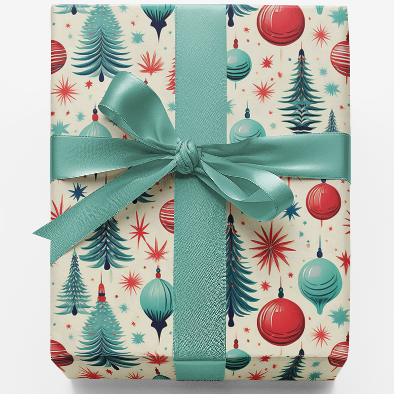 Retro Trees Gift Wrap, Mid-Century Modern Christmas Wrapping Paper, Vintage Red Teal Wrapping Paper, Nostalgic Xmas Gift Wrap
