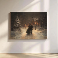 Romantic Snowy Evening Oil Painting Art, Victorian Winter Couple Canvas Print, Comfy Christmas Scene Canvas, Holiday Winter Wall Decor