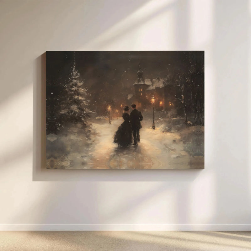Romantic Snowy Evening Oil Painting Art, Victorian Winter Couple Canvas Print, Comfy Christmas Scene Canvas, Holiday Winter Wall Decor