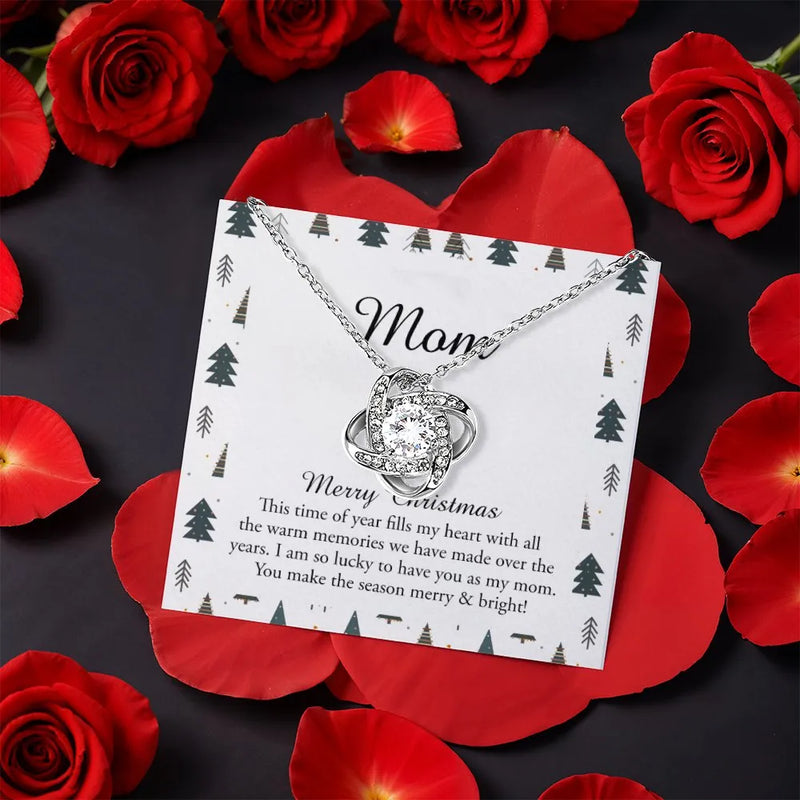 Rotating Rose Box Jewelry, Mom Love Knot Necklace, Sparkling CZ Crystal Pendant Necklace, Christmas Present for Mother, Holiday Love Necklace