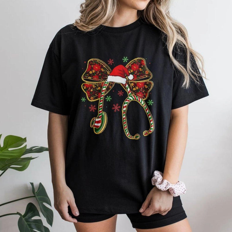 Festive Stethoscope Bow Shirt, Christmas Nurse T-Shirt, Adorable RN Holiday Graphic Tee, Nursing Student Christmas Shirt, Medical Worker Present
