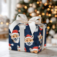 Woodland Animal Christmas Gift Wrap, Fox in Santa Hat Wrapping Paper, Navy Blue Holiday Present Paper