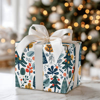 Modern Christmas Tree Gift Wrap, Folk Art Winter Forest Wrapping Paper, Colorful Holiday Present Paper, Illustrated Botanical Gift Wrap Roll