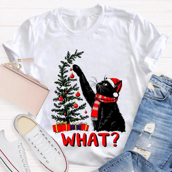 Humorous Holiday Cat Chaos Shirt, Black Cat Pushing Christmas Tree T-Shirt, Adorable Festive Kitty Graphic Tee, Cat Lover Chr