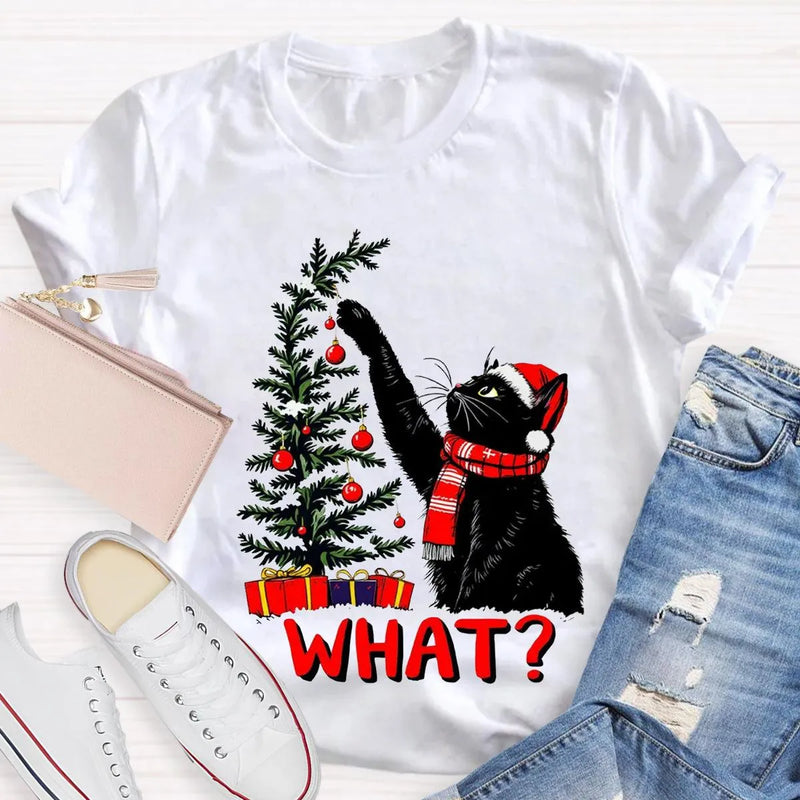 Humorous Holiday Cat Chaos Shirt, Black Cat Pushing Christmas Tree T-Shirt, Adorable Festive Kitty Graphic Tee, Cat Lover Christmas Present