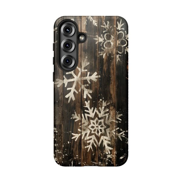 Rustic Wood Snowflakes Phone Case, Winter Snowflake Phone Case for Samsung Galaxy, Dual Layer Tough Cover, Comfy Christmas Ho