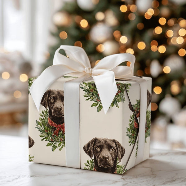 Dog Wreath Holiday Gift Wrap, Chocolate Lab Christmas Wrapping Paper, Labrador Retriever Christmas Wrapping Paper, Pet Lover 