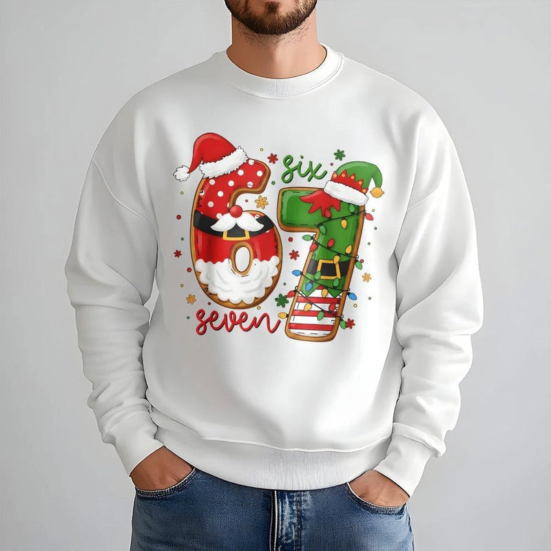 Humorous Santa and Elf Holiday Sweater, 67 Christmas Sweatshirt, Retro Xmas Party Crewneck, Festive Graphic Pullover, Winter Holiday Present
