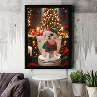 Elf Costume Dog Toilet Scene Canvas Print, Humorous Maltese Dog Christmas Canvas Art, Humorous Holiday Canvas, Adorable Xmas Bathroom Decor