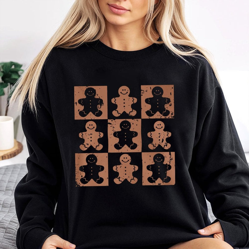 Retro Checkered Holiday Sweater, Gingerbread Man Sweatshirt, Adorable Xmas Gingerbread Pullover, Comfy Winter Crewneck, Christmas Party Present
