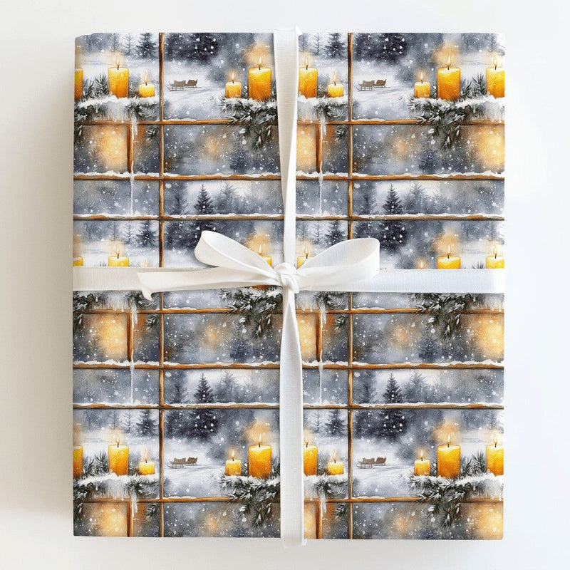Comfy Candlelight Holiday Gift Wrap, Winter Window Scene Wrapping Paper, Snowy Landscape Christmas Wrapping Paper, Festive Xmas Present Wrap