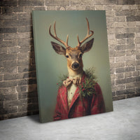 Vintage Christmas Buck Portrait Print, Dapper Deer Red Plaid Suit Canvas Wall Art, Rustic Holiday Lodge Decor, Winter Cabin Present